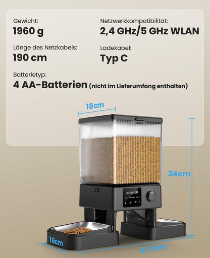 oneisall Futterautomat Katze 5L mit WiFi, 2 Näpfe und App-Steuerung