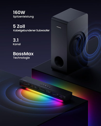 MEREDO 3.1 Soundbar mit Subwoofer – Gaming RGB, TV & PC Heimkino