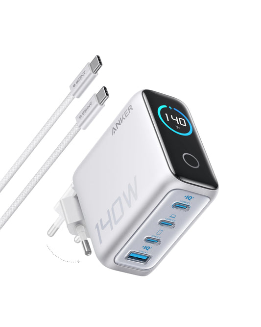 Anker 140W USB-C Ladegerät - 4-Port für Laptop & Multi-Geräte. Schwarzer Adapter mit 4 USB-C Ports, lädt simultan.