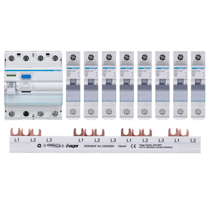 Hager FI/LS Sicherungsset - 1x FI 4P, 8x LS 1P, Sammelschiene