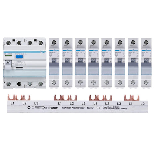 Hager FI/LS Sicherungsset - 1x FI 4P, 8x LS 1P, Sammelschiene