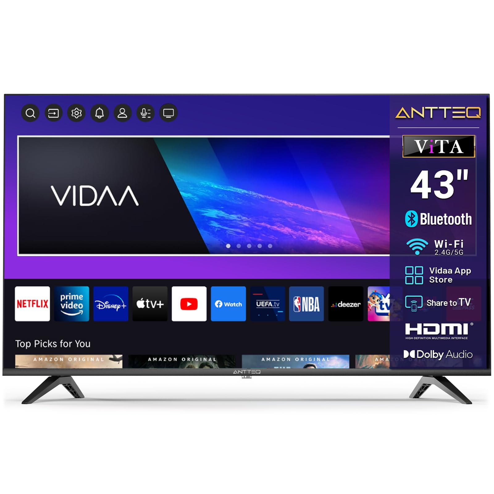 Antteq V43 Smart TV 43 Zoll FHD Vidaa OS Triple Tuner: Flacher, schwarzer Bildschirm. Empfängt TV via Kabel/Sat/DVB-T2, bietet Smart-TV-Apps.
