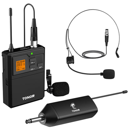 TONOR TW621 UHF Funkmikrofon Set mit Headset und Lavalier Mikrofon, Bodypack und Empfänger