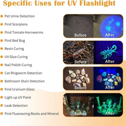 【Upgrade】30W 365nm UV Taschenlampe USB Aufladbar Schwarzlicht Taschenlampe UV Lampe Haustier Urin Detektor für Harzhärtung, Bernstein, Geocaching, Unechte Banknoten, A/C Leck, Heimtierurindetektoren