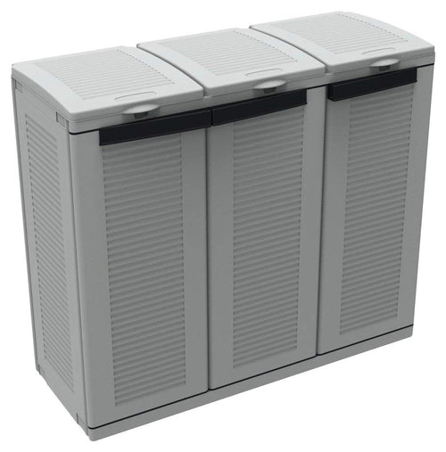 Terry Ecocab 3 Abfalltrennschrank Innen/Aussen 3-fach – 102x39x88,7 cm. Grauer Schrank zur 3-fachen Abfalltrennung im Innen- & Außenbereich.