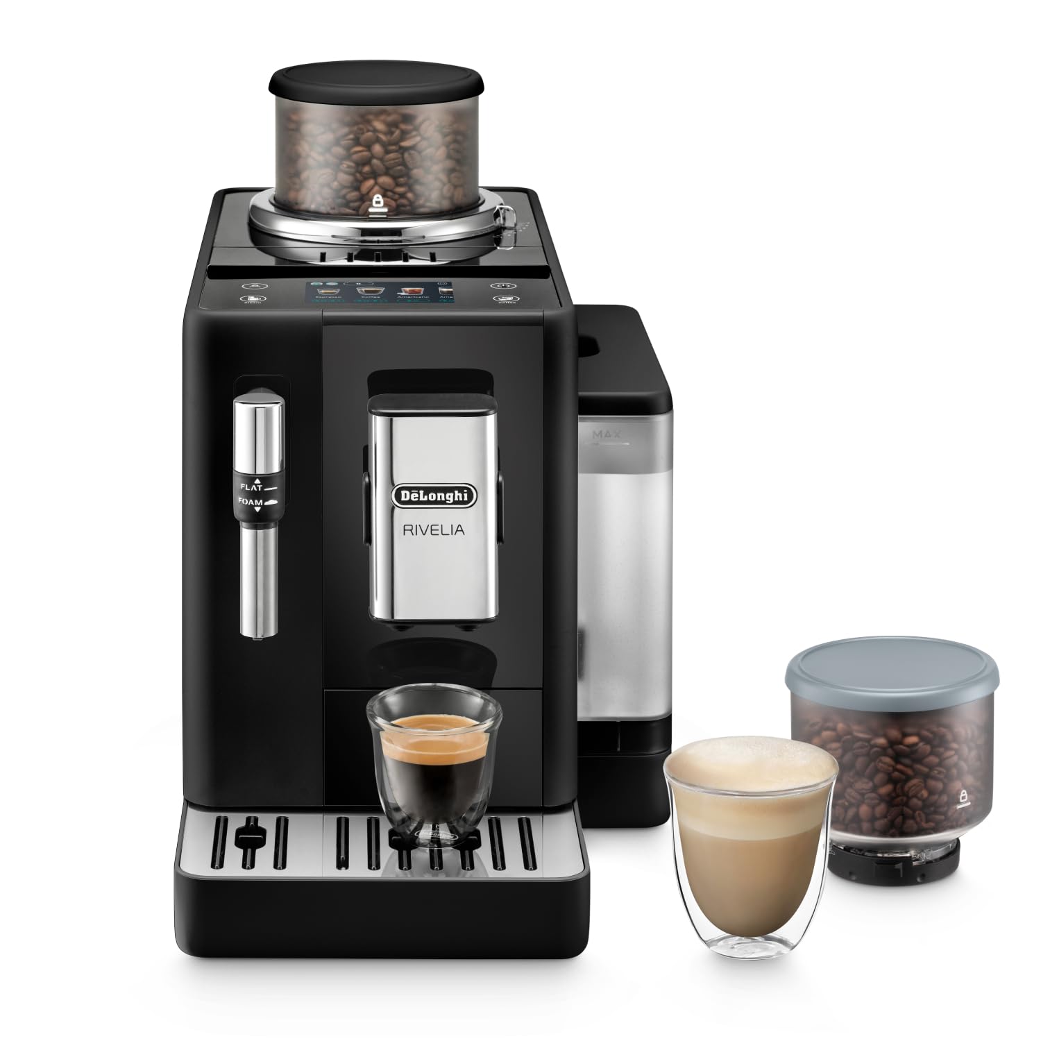 De’Longhi Rivelia Perfetto Kaffeevollautomat - Schwarz (EXAM440.35.B). Schwarzer, rechteckiger Vollautomat bereitet Espresso und Kaffeemilchgetränke zu.