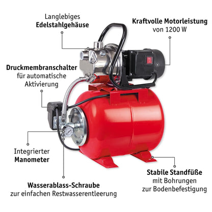WALTER Edelstahl-Hauswasserwerk 1200 W, 3.800 l/h, 19 l Druckbehälter