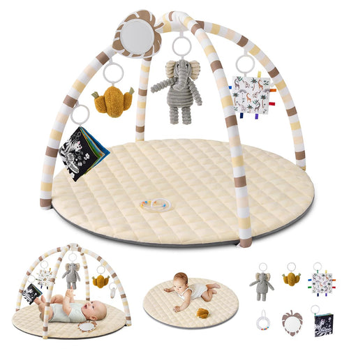 Blissful Diary Spielbogen Baby, Spieldecke mit 6 Spielzeugen, Beige – gepolsterte Matte mit Hängespielzeugen
