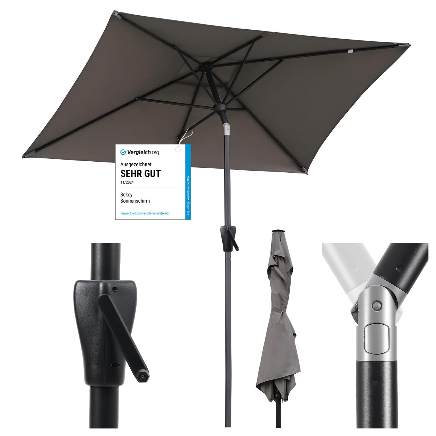 Sekey Sonnenschirm rechteckig 210 × 140 cm mit Kurbel, Cappuccino – Aluminiumgestell und Windauslass