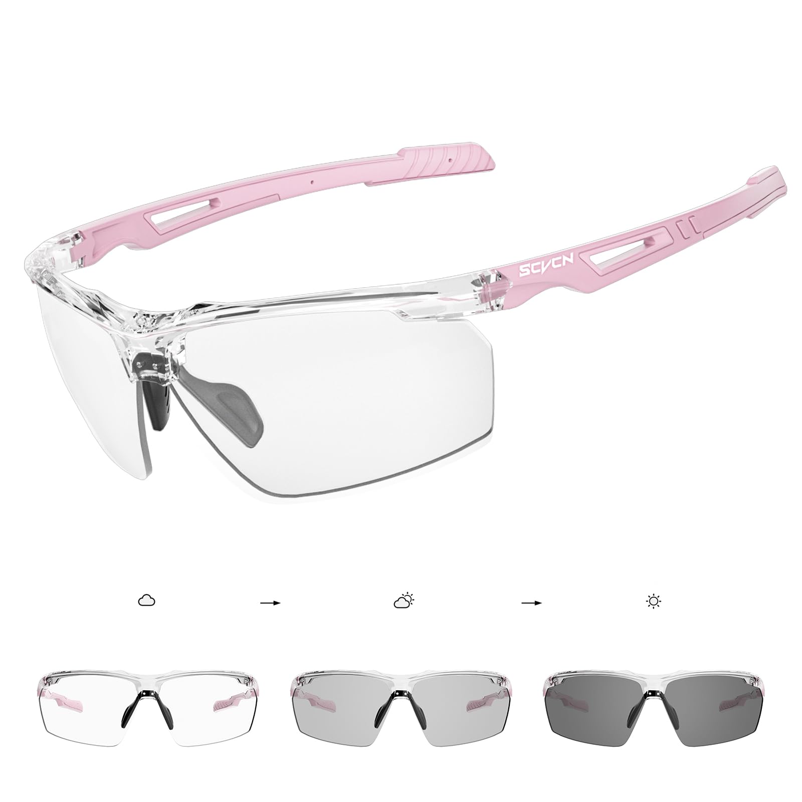 SCVCN S86 Photochromatische Fahrradbrille selbsttönend UV400 mit TR90-Rahmen und verstellbaren Gummi-Nasenpads
