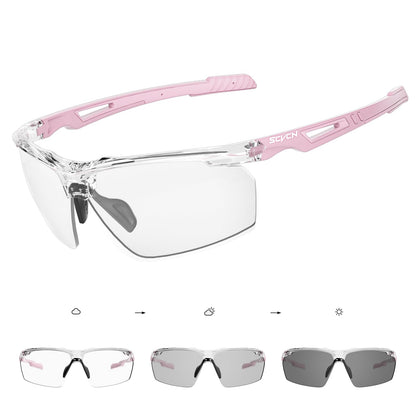SCVCN S86 Photochromatische Fahrradbrille selbsttönend UV400 mit TR90-Rahmen und verstellbaren Gummi-Nasenpads