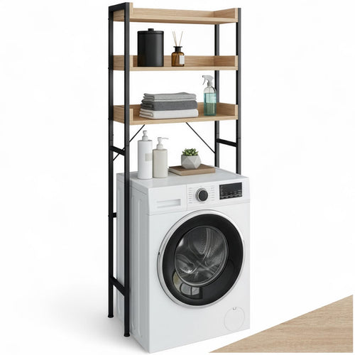 tectake Badezimmerregal, 3 Ablagen, Waschmaschinenregal, Eiche Sonoma – hohes Regal mit Metallgestell und hellen Holzablagen