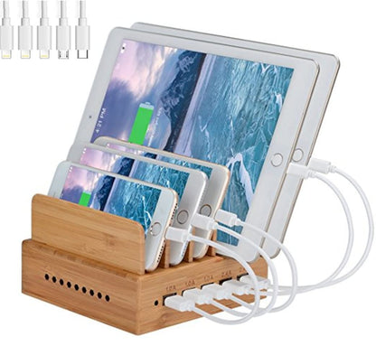 Yisen USB Ladestation 5-Port Ladegerät für Smartphone und Tablet mit fünf USB-Kabeln und verstellbaren Teilern