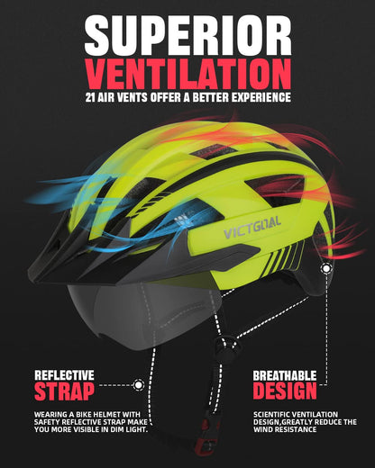 VICTGOAL VG112 MTB Fahrradhelm mit Magnetvisier und LED, XL, Gelb