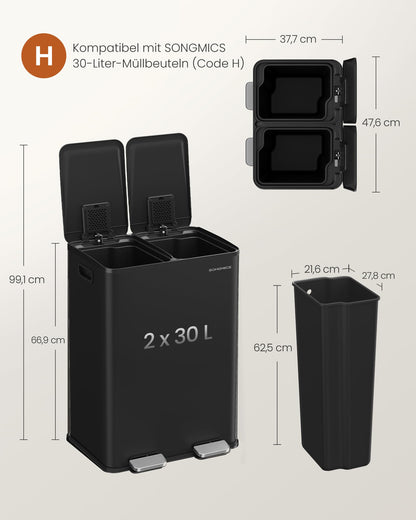 SONGMICS Tretmülleimer 2x30L, 2 Fächer, Softclose, Stahl – Tintenschwarz LTB741B02