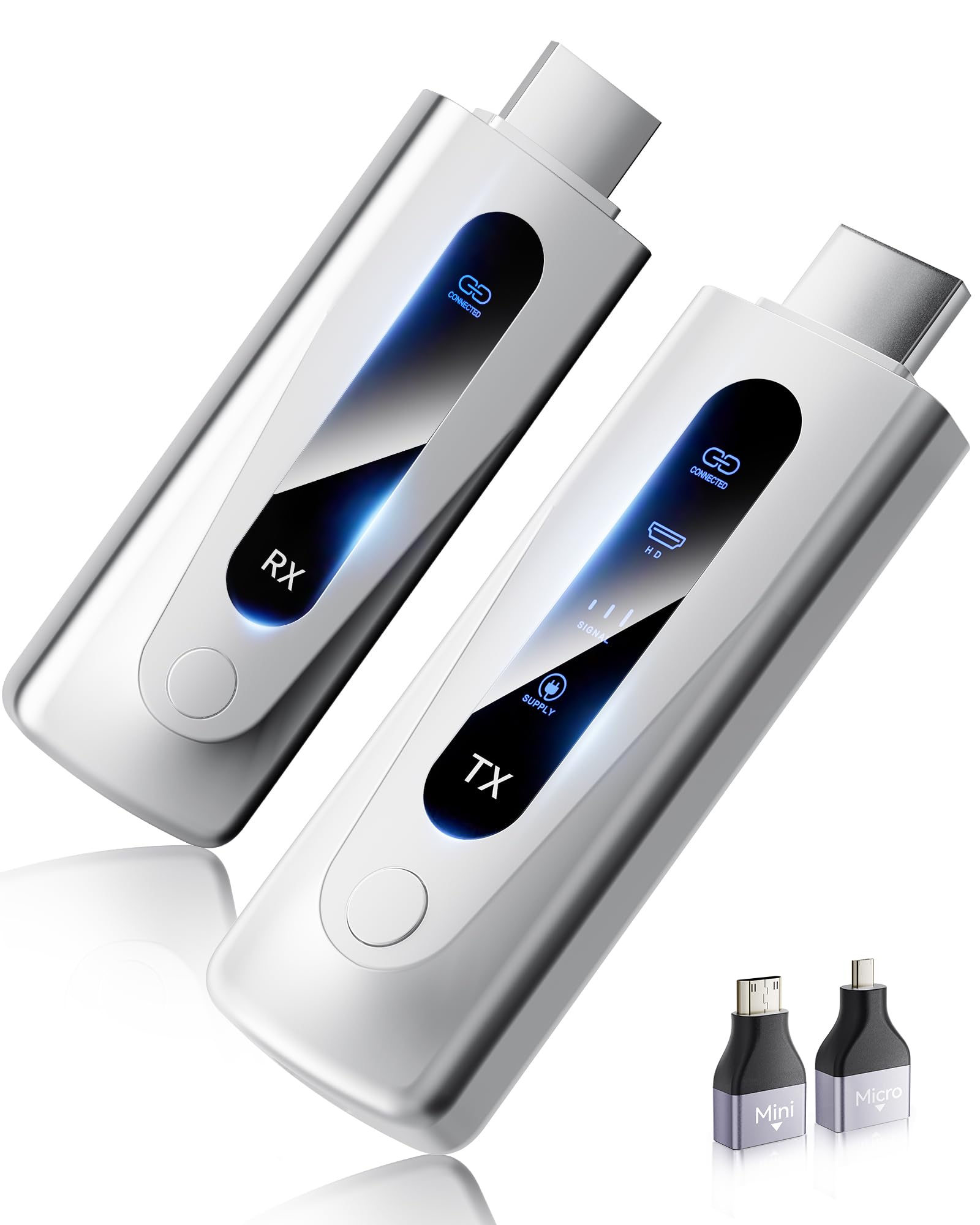 2025 HDMI Funk Sender Empfänger – 100M Dualband Set. Schwarzes, rechteckiges Set. Überträgt HDMI drahtlos 100m an Display.