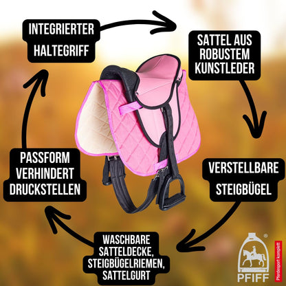 PFIFF 103106 Sattelset für Shetty und Holzpferde, Kindersattel Rose