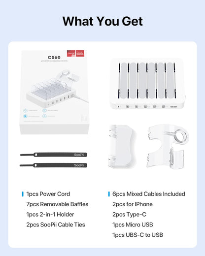 SooPii USB Ladestation CS60, 60W 6-Port mit PD 20W Schnellladung