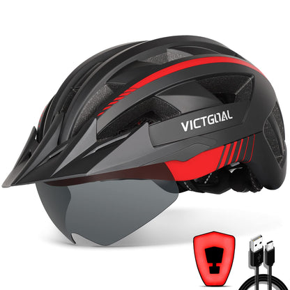 Victgoal MTB Fahrradhelm mit Magnetvisier und LED, schwarz-rot, L, abnehmbare Schutzbrille, 21 Belüftungsöffnungen