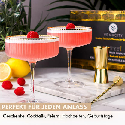 Vemacity Martini Gläser Set mit Goldrand, geripptes Glas, 300 ml
