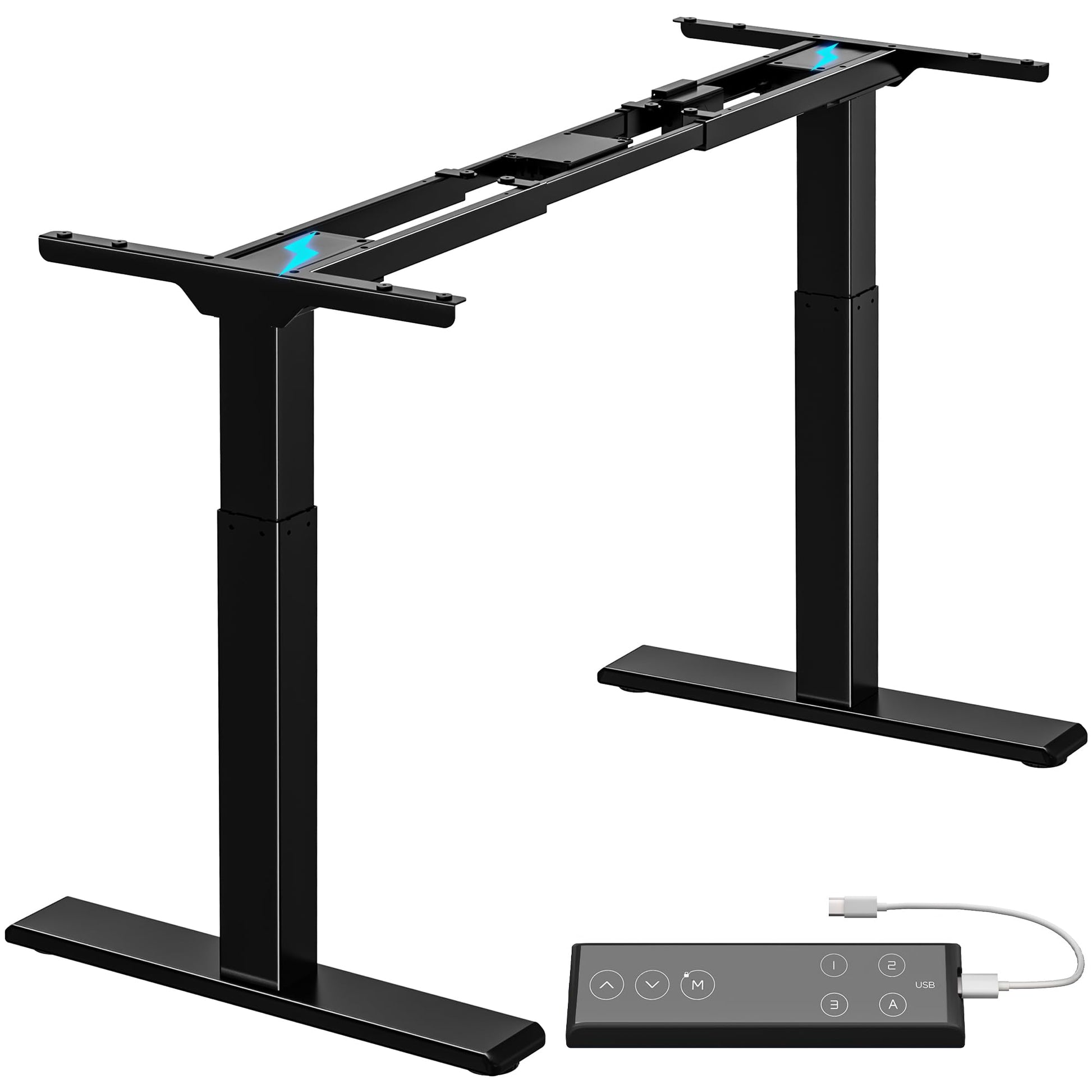 ALLDREI Höhenverstellbares Schreibtischgestell elektrisch - Schwarz. Schwarzes elektrisches Gestell aus Rechteckrohren zum Anbau einer Schreibtischplatte.