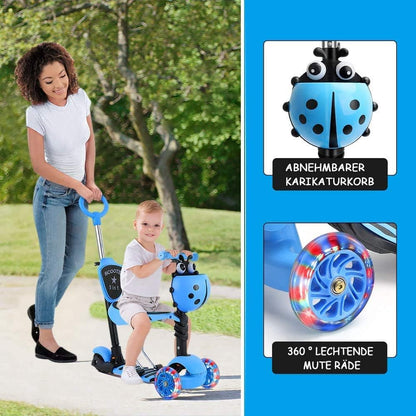 YOLEO 5-in-1 Kinder Scooter mit Sitz, Korb und Schubstange, Blau
