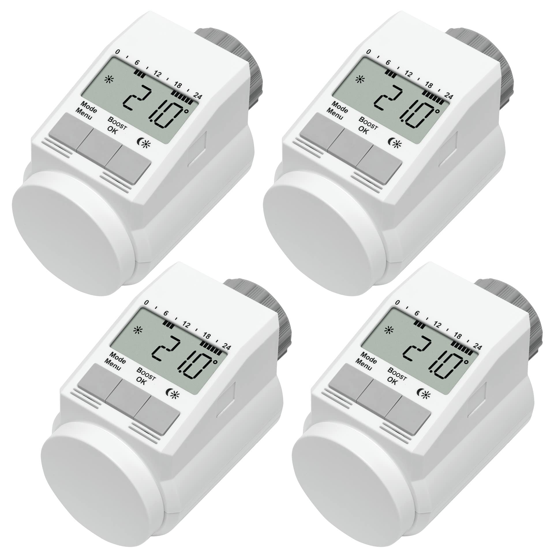 eQ-3 Eqiva Model L Elektronik-Heizkörperthermostat 4er Set Weiss. Ein Set von vier Thermostaten zur präzisen Raumtemperaturregelung.