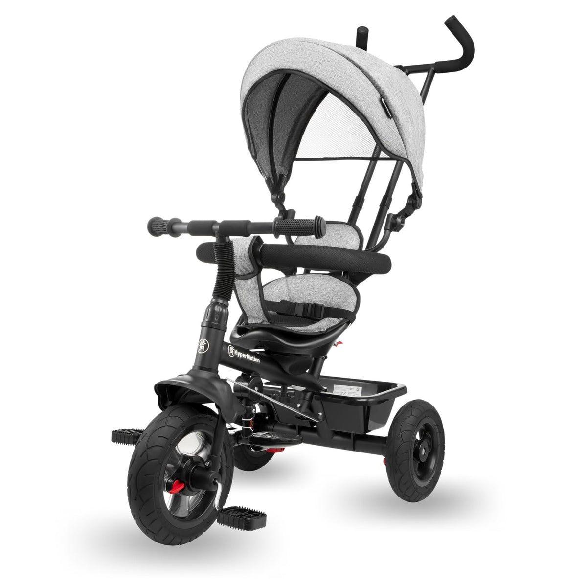 HyperMotion Dreirad mit Schubstange, 3-in-1 Kinderfahrzeug, Grau, gepolsterter Sitz und Gummireifen