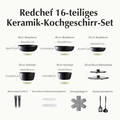Redchef Kochgeschirr-Set 16-teilig mit abnehmbaren Griffen, schwarz