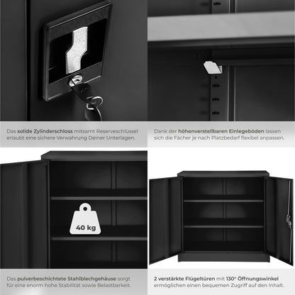 tectake® Metall Aktenschrank abschliessbar 90x40x90 cm - Schwarz