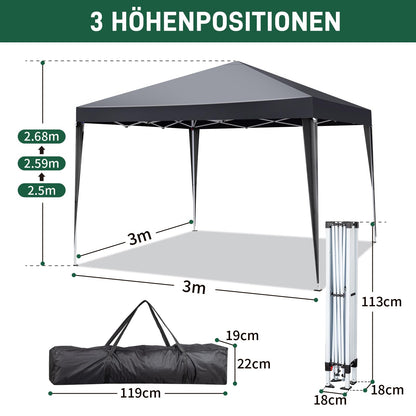 TactFire Faltpavillon 3x3 m wasserdicht mit 4 Seitenteilen, grau