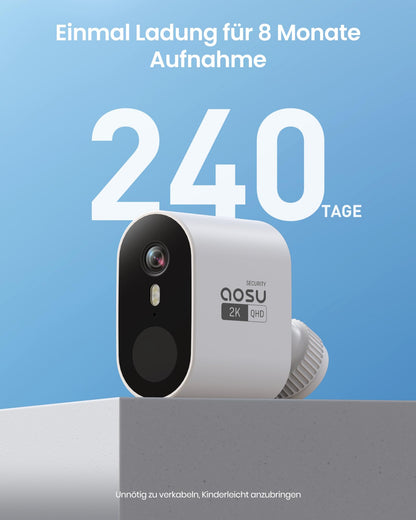 AOSU 2K Überwachungskamera Aussen Set: 4 Akku-Kameras + 32GB Basis