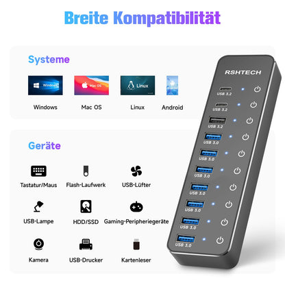 RSHTECH USB Hub 3.2 Aktiv 10 Port mit Netzteil - RSH-ST10C