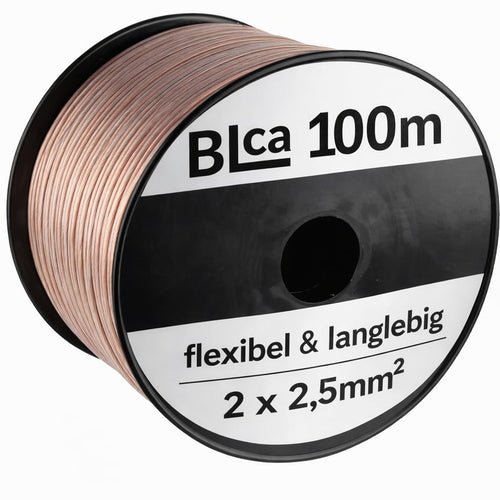 DCSk BLca Lautsprecherkabel 100m 2x2,5mm² CCA transparent auf Rolle mit Polaritätsmarkierung