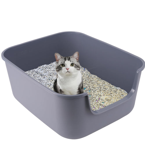 Suhaco Katzenklo mit hohem Rand und niedrigem Einstieg, Grau M – Katzentoilette mit verstecktem Griff