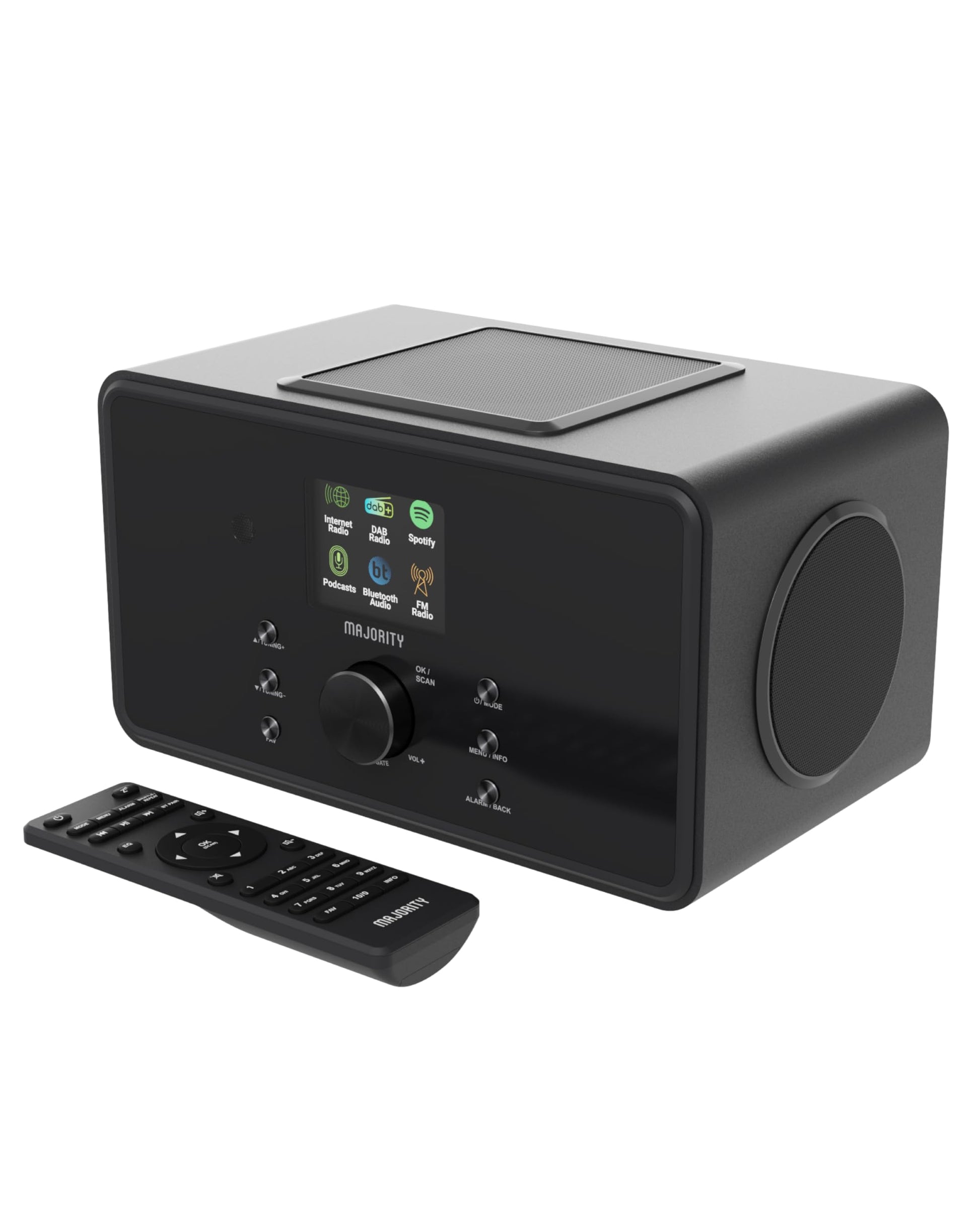 MAJORITY Bard Internetradio DAB+ WLAN Bluetooth 2.1 Subwoofer, rechteckig, schwarz. Dient zum Empfang von Audioquellen.