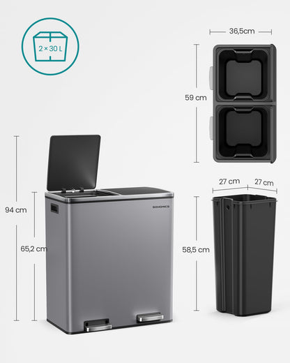 SONGMICS LTB060G01 Mülltrennsystem Treteimer - 2x30L Schiefergrau