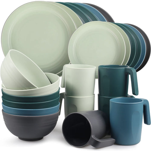 Greentainer Geschirrset Kunststoff 24-teilig für 6 Personen: Essteller, Dessertteller, Schüsseln und Becher, stapelbar