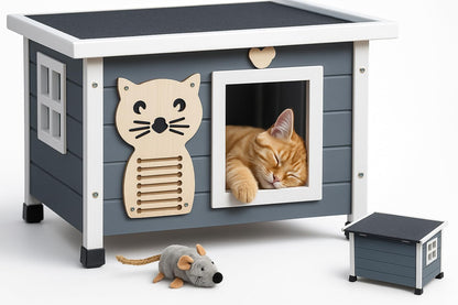 zooprinz Premium Holz Katzenhaus – Katzenkiste mit Dach zum Öffnen, Fenster und Schwingtür – Sisalband an der Katzenbox – Wetterfest für Garten/Balkon – Innen- und Draußen Hütte (Grau-Weiß, Standard)