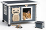 zooprinz Premium Holz Katzenhaus – Katzenkiste mit Dach zum Öffnen, Fenster und Schwingtür – Sisalband an der Katzenbox – Wetterfest für Garten/Balkon – Innen- und Draußen Hütte (Grau-Weiß, Standard)