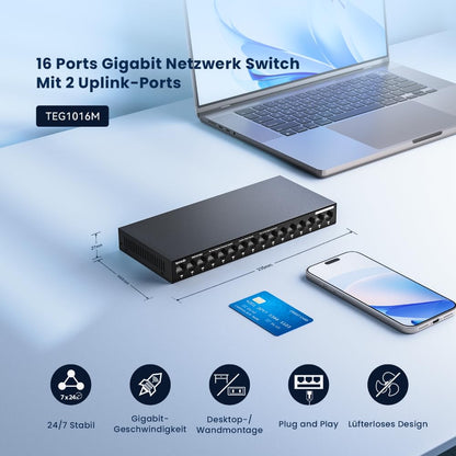 Tenda TEG1016M 16-Port Gigabit Switch, unmanaged, VLAN, lüfterlos