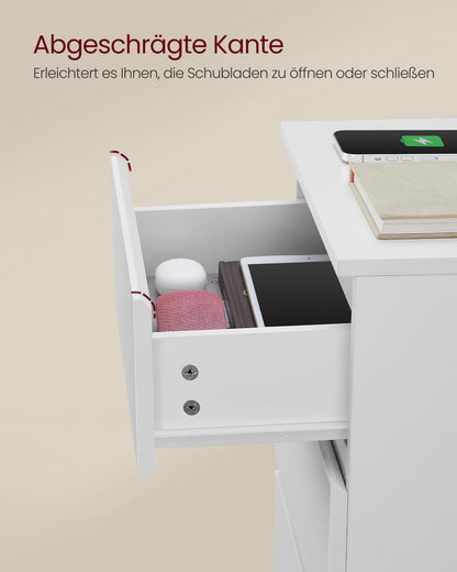 VASAGLE Kailyn Nachttisch mit Steckdosenleiste, 3 Schubladen, weiss