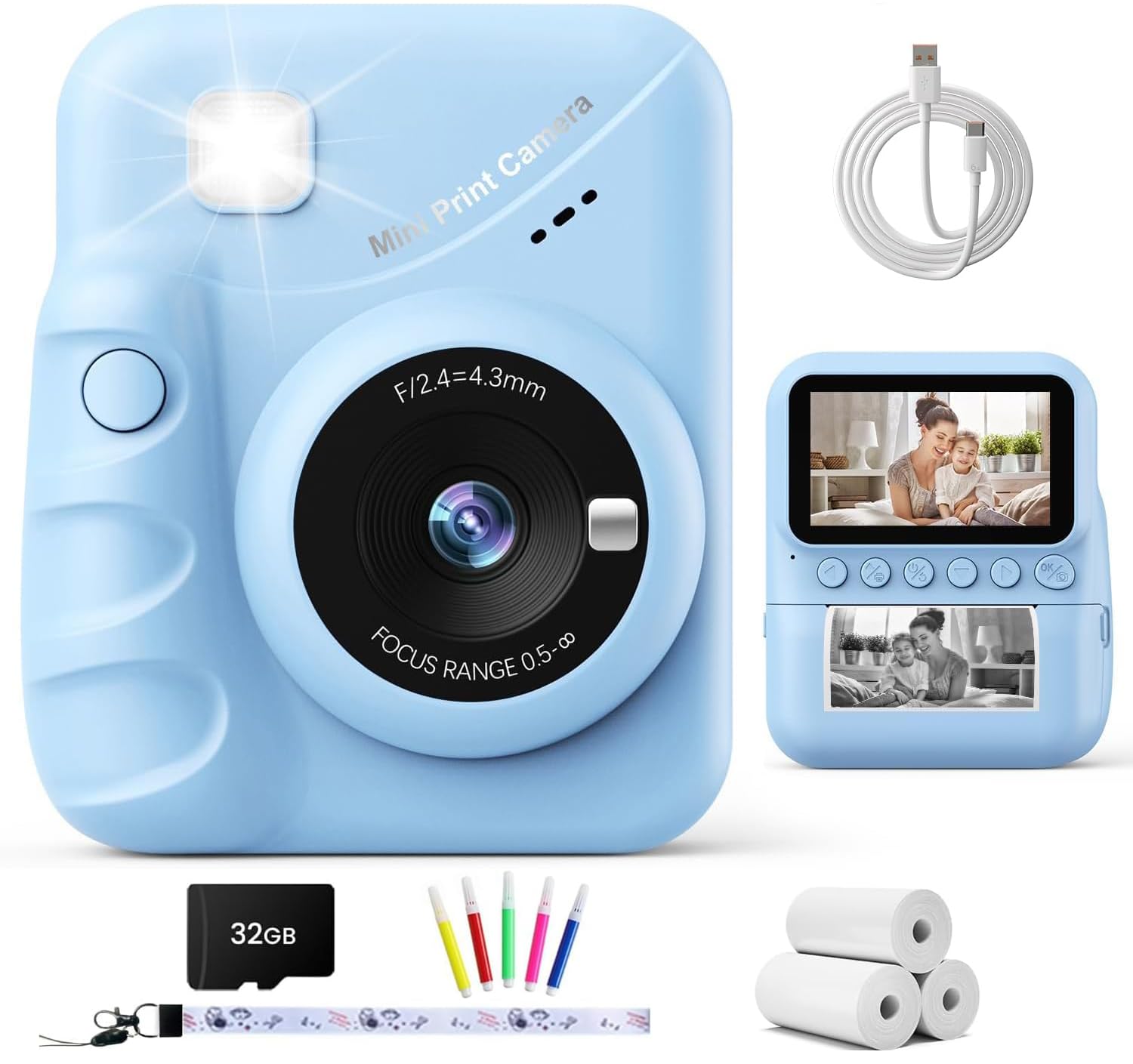 TIATUA Kinderkamera Sofortbildkamera 48MP mit 32 GB Karte, Blau – 3,0-Zoll-Display