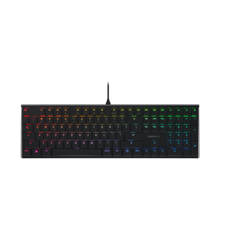 CHERRY MX 10.0N RGB Flache Gaming-Tastatur - EU-Layout, Schwarz. Für präzises Gaming und effizientes Tippen.
