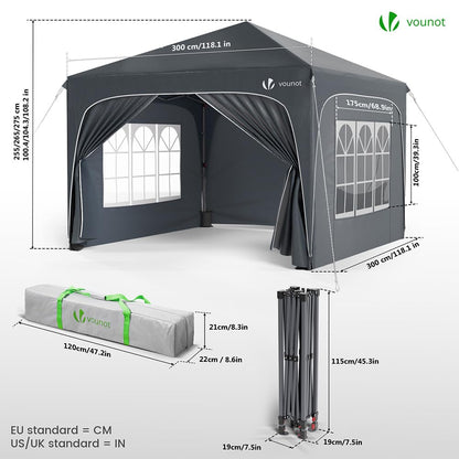 VOUNOT Pavillon 3x3m Pop Up Faltpavillon – Grau, mit Seitenteilen