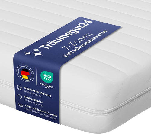 Träumegut24 AquaFlex 7-Zonen Matratze Kaltschaum - 90x200 H2/H3. Rechteckig, Kaltschaum. Bietet 7-Zonen Körperanpassung für ergonomischen Schlaf.