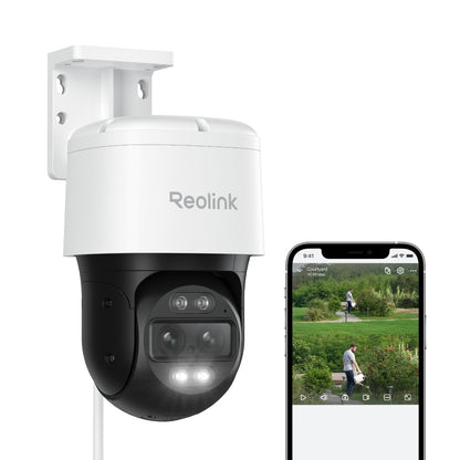 Reolink TrackMix PoE 4K 8MP PTZ Überwachungskamera Aussen. Weißes Dual-Objektiv-Gehäuse für 4K PoE PTZ Überwachung mit Tracking.