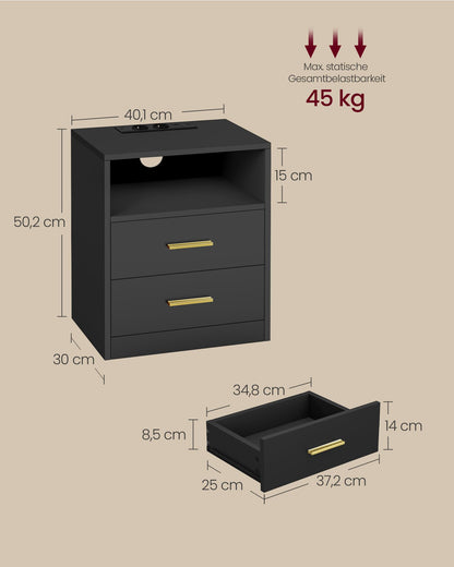 VASAGLE CUSTOS Nachttisch mit Ladestation, 2er Set, tintenschwarz