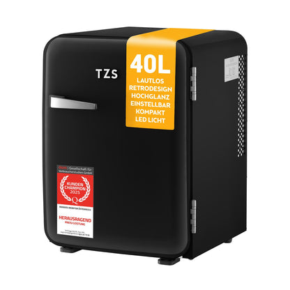 TZS First Austria Retro Mini Kühlschrank 40L lautlos, schwarz mit Metall-Türgriff und Hochglanz-Finish