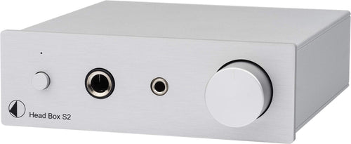 Pro-Ject Head Box S2 Mikro Kopfhörerverstärker - Silber. Kompaktes, silbernes Rechteckgehäuse. Verstärkt Audiosignale für hochohmige Kopfhörer.